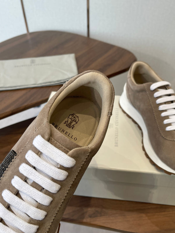 Brunello Runners With Shiny Tab Taupe Suede 624492