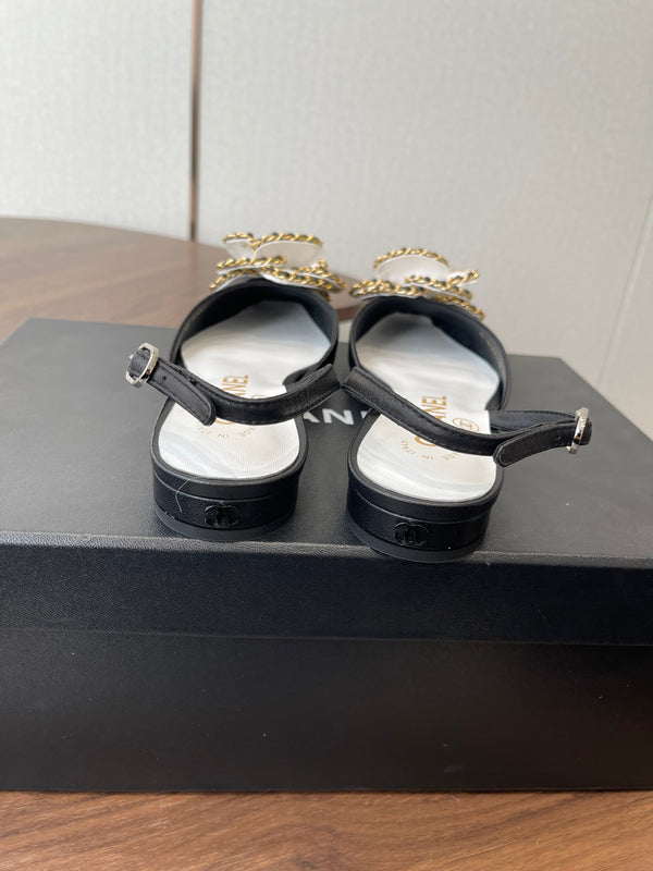 CC Classic Camellia Flat Slingback Black White Leather 624232
