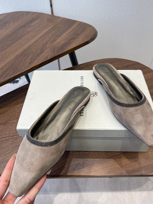 Brunello Monili-chain Mules Taupe Suede 624509