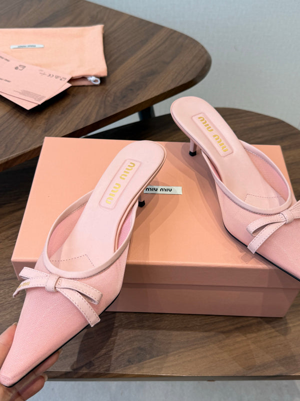 Miu 26s High-Heeled Mules Light Pink Mixed Sheepskin with Lace 790459