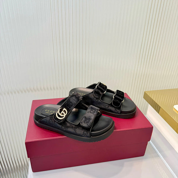 GG 26s Dad Mule Sandals Black Leather Velvet 714864