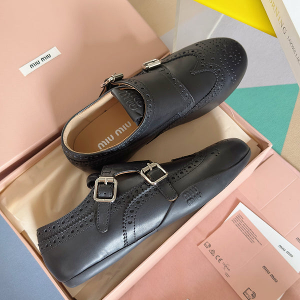 Miu Monk-Strap Thin Sole Black Loafers Leather 509753