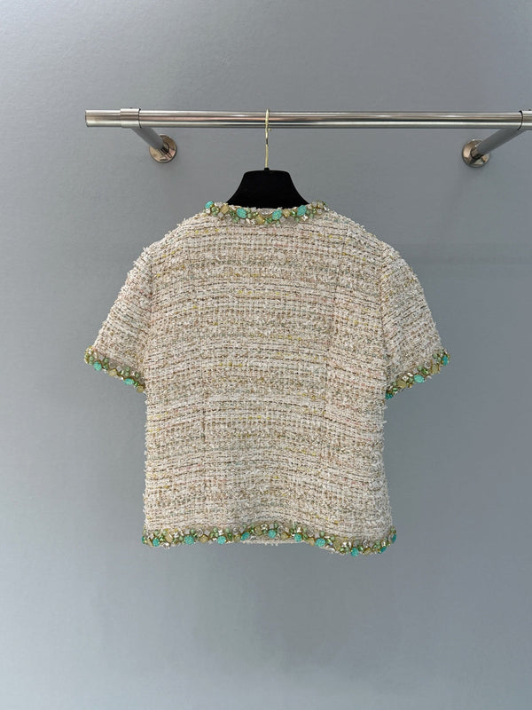 Chanel 2026 Side-button Short-sleeved Jacket Beige Green Polyamide Cotton