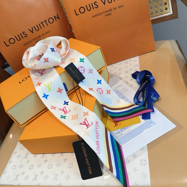 LV Twilly Scarf 120cm White Colorful Silk 965662