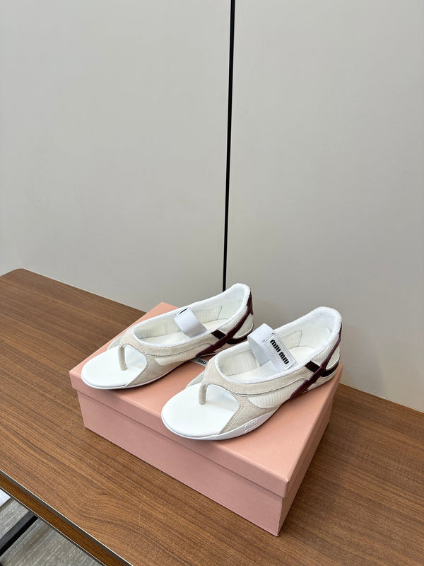 Miu Thong Sandals In White Brown Suede Tech Fabric