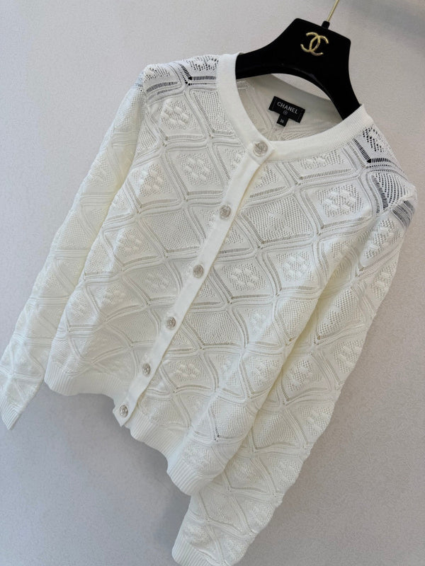 CC 26s Diamond Pattern Pointelle Cardigan White Wool 423113