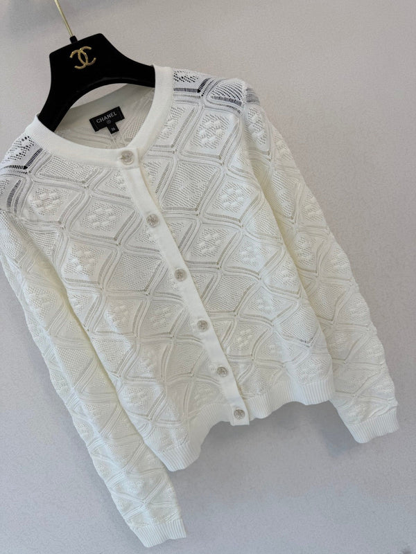 CC 26s Diamond Pattern Pointelle Cardigan White Wool 423113