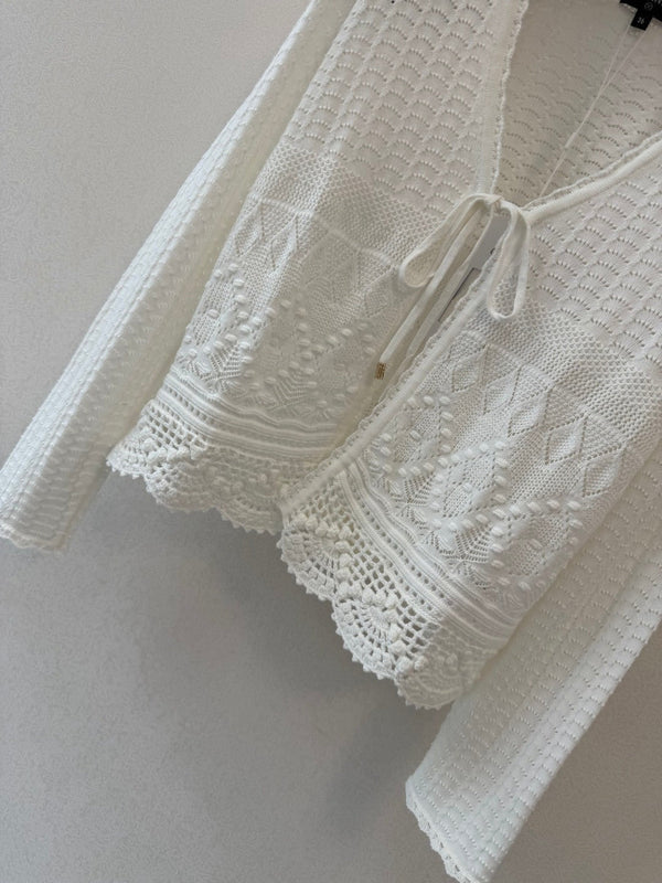 CC 26s Lace Knit Tie-Front Cardigan White Wool 423117