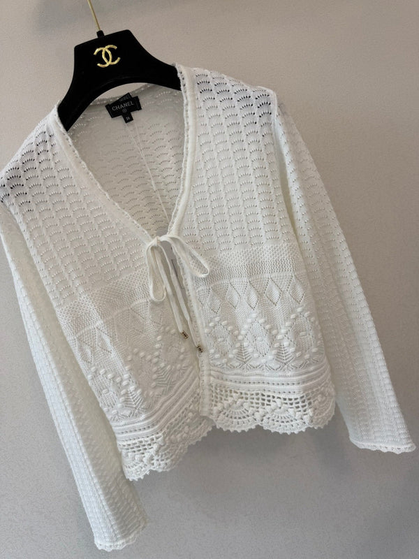 CC 26s Lace Knit Tie-Front Cardigan White Wool 423117