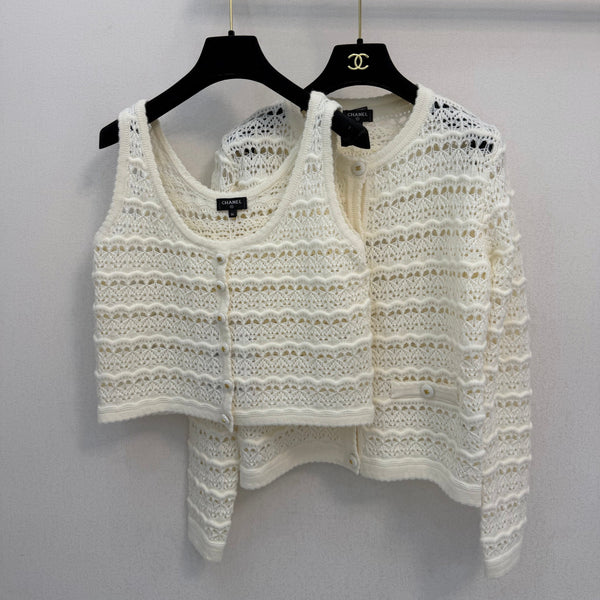 CC 26s Twinset Open-Knit Cardigan Camisole White 429796