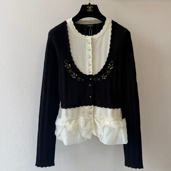 CC 26s Cardigan Colorblock Embellished Ruffle-Trim Black-White 429792