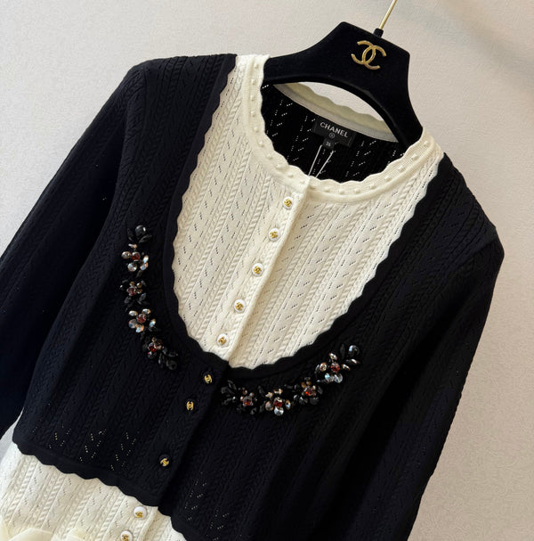 CC 26s Cardigan Colorblock Embellished Ruffle-Trim Black-White 429792