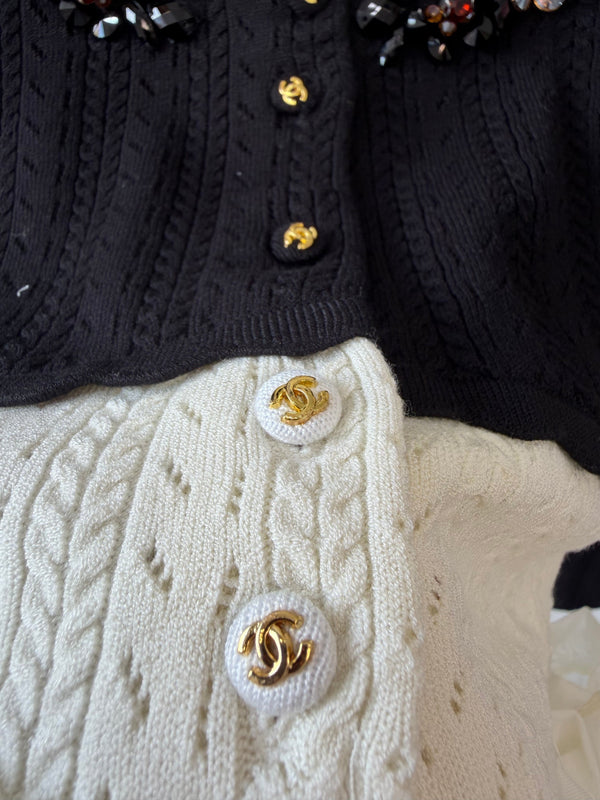 CC 26s Cardigan Colorblock Embellished Ruffle-Trim Black-White 429792