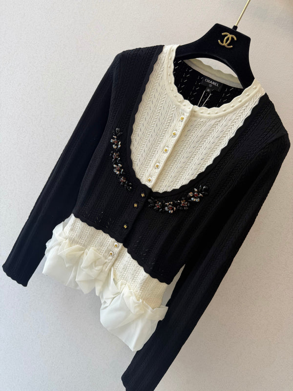 CC 26s Cardigan Colorblock Embellished Ruffle-Trim Black-White 429792