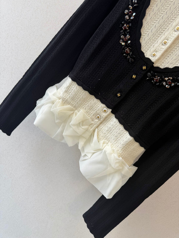 CC 26s Cardigan Colorblock Embellished Ruffle-Trim Black-White 429792