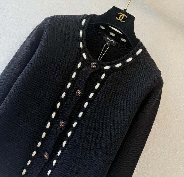 CC 26s Cardigan Contrast Trim Black Wool Cashmere 429782