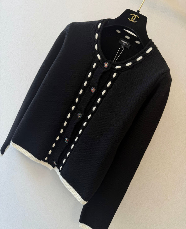 CC 26s Cardigan Contrast Trim Black Wool Cashmere 429782