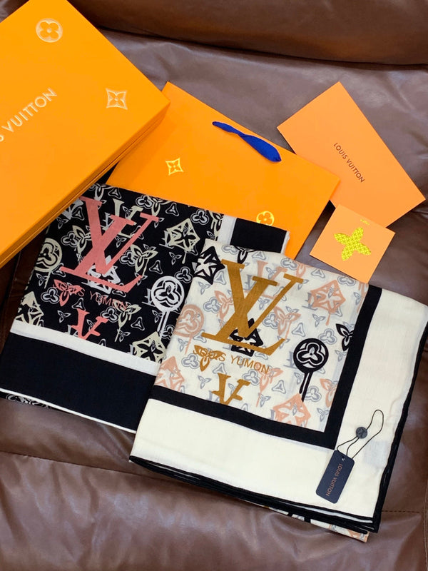 LV X TM MONOGRAM Scarf Black Pink Blue Silk Cashmere 965396