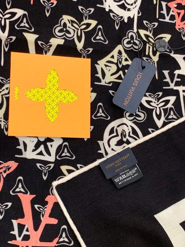 LV X TM MONOGRAM Scarf Black Pink Blue Silk Cashmere 965396