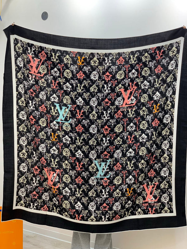 LV X TM MONOGRAM Scarf Black Pink Blue Silk Cashmere 965396