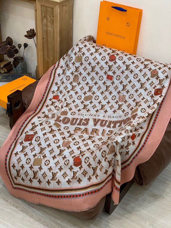LV Monogram Scarf 200cm White Pink Cashmere 969185