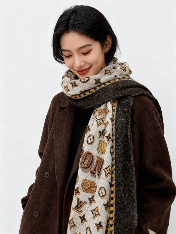 LV Monogram Scarf 200cm Black White Yellow Cashmere 969187