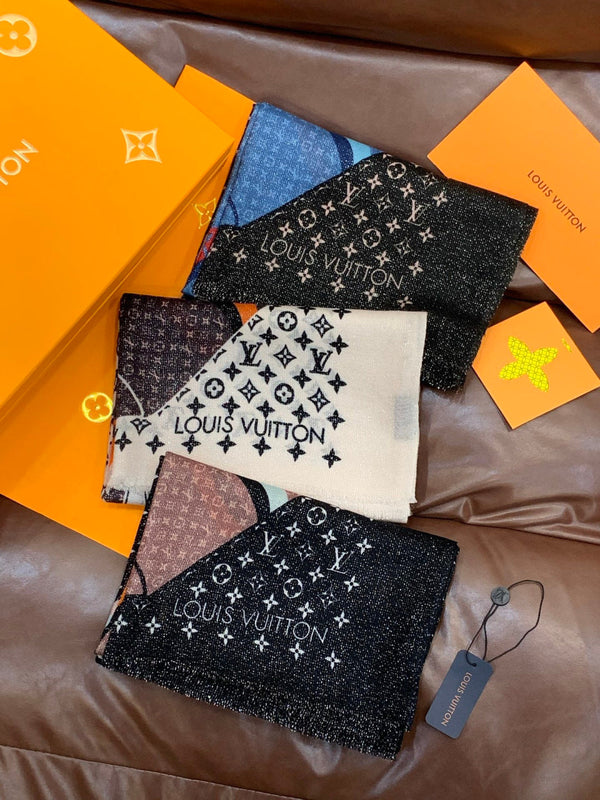 LV Monogram Scarf 200cm White Black Cashmere 969189