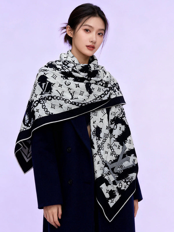 LV Double-Sided Shawl Scarf 140cm White Black Silk Cashmere 976738