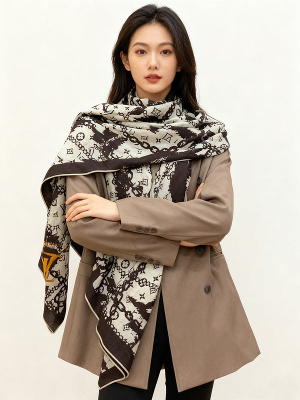 LV Double-Sided Shawl Scarf 140cm White Black Silk Cashmere 976740