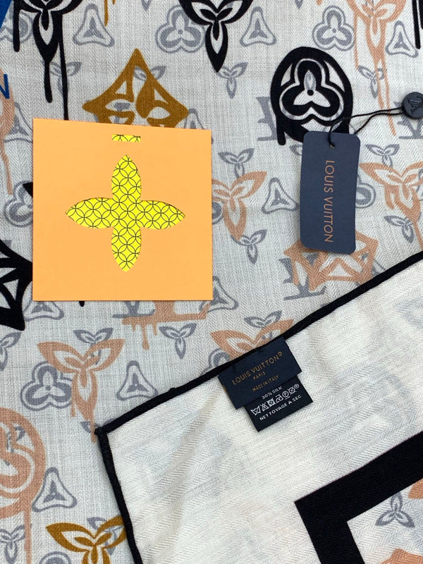 LV Double-Sided Shawl Scarf 140cm White Blue Silk Cashmere 976742