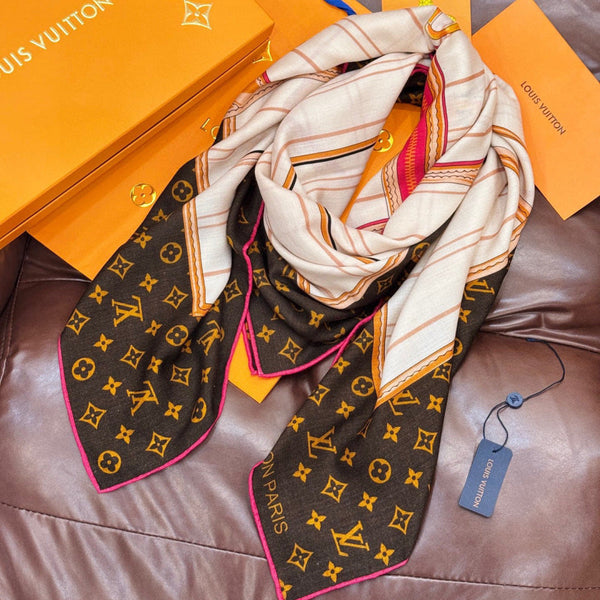 LV Scarf 135cm Black Brown Red Cashmere Silk 143712