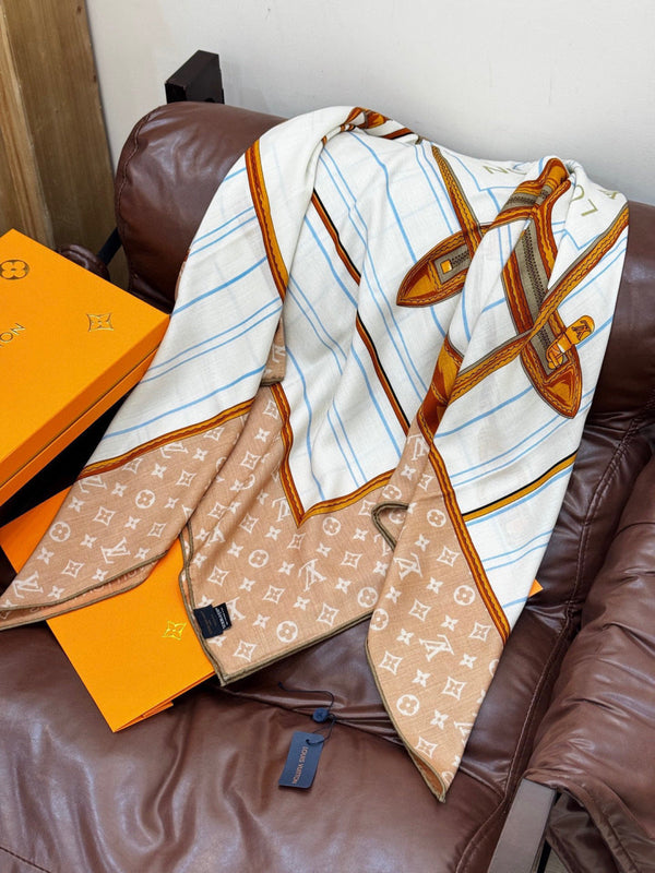 LV Scarf 135cm Brown Patterned Cashmere Silk 143713
