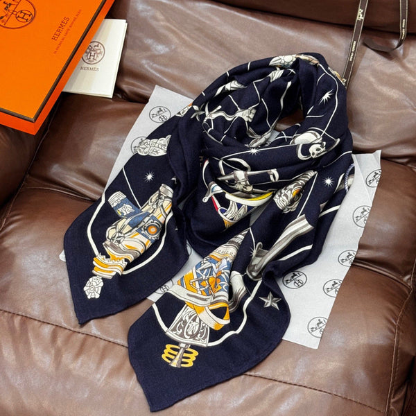 HM Starry Night Chorus Double-Sided Scarf 140cm Navy Blue Silk Cashmere 143715