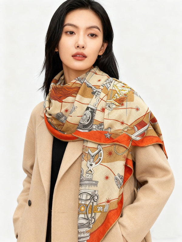 HM Starry Night Chorus Double-Sided Scarf 140cm Peach Orange Silk Cashmere 143719