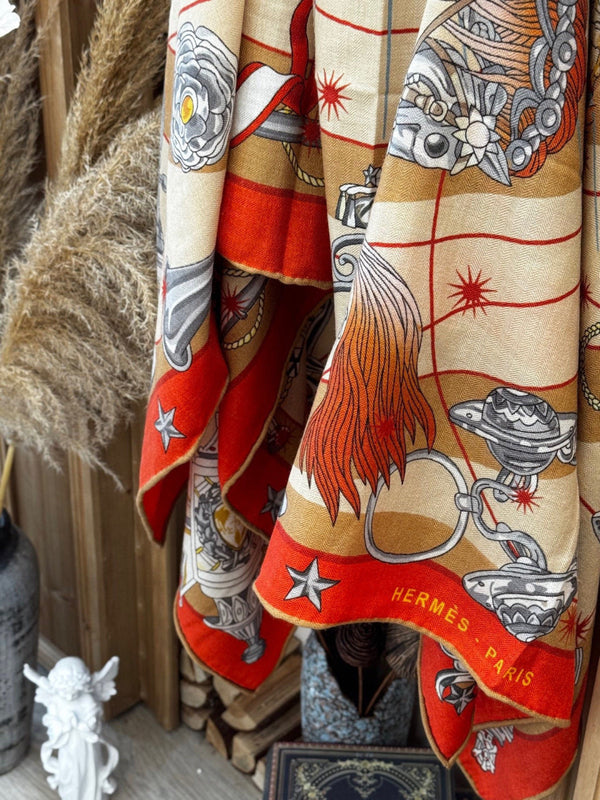 HM Starry Night Chorus Double-Sided Scarf 140cm Peach Orange Silk Cashmere 143719