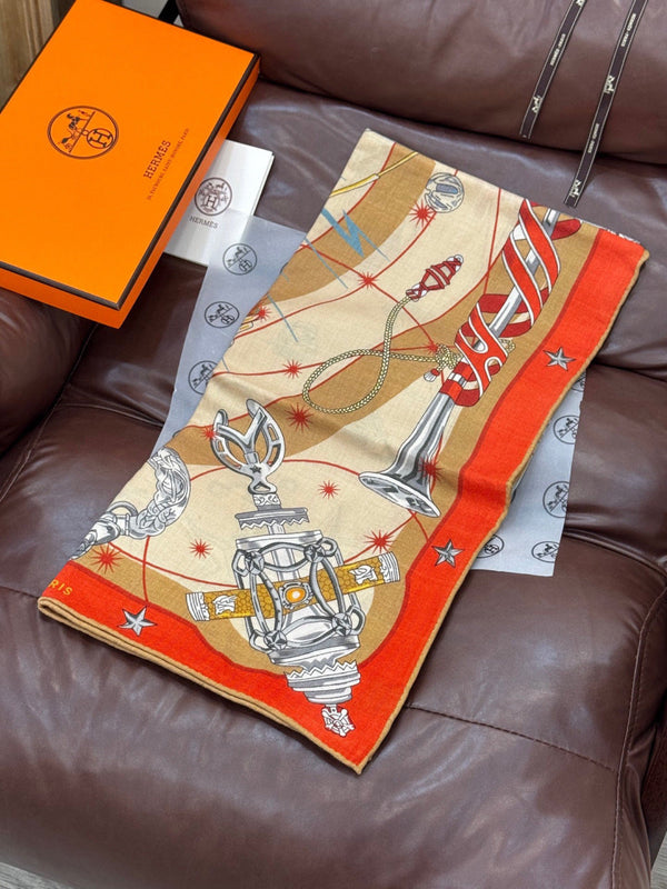 HM Starry Night Chorus Double-Sided Scarf 140cm Peach Orange Silk Cashmere 143719