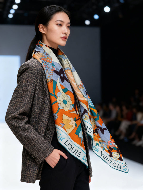 LV Double-sided Scarf 135cm Orange Cashmere Silk 143726