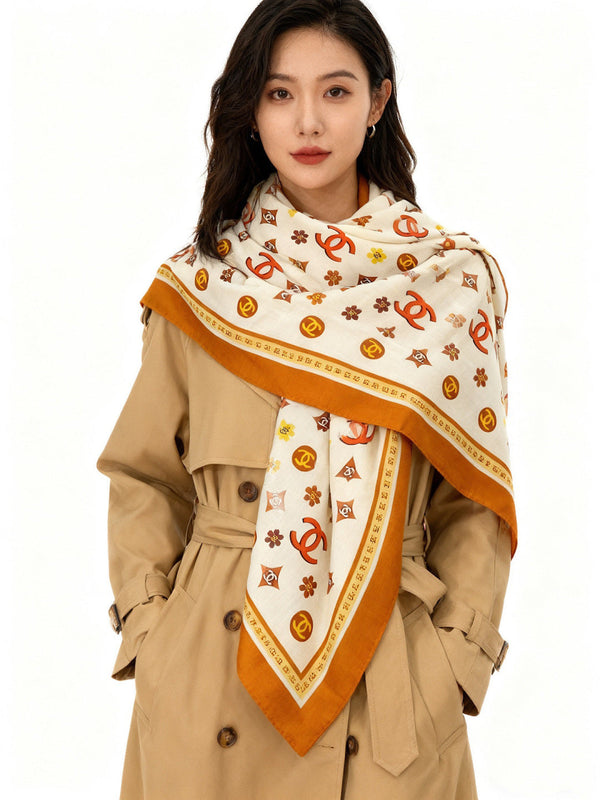 CC Scarf 140cm Brown And White Patterned Silk Cashmere 143732