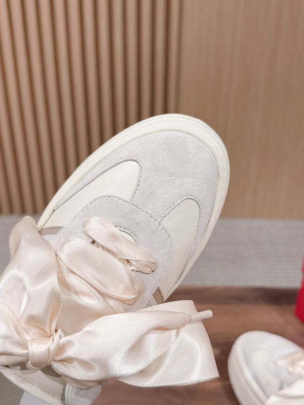 Ferragamo Bow Platform Sneaker Grey Ivory Satin Sheepskin