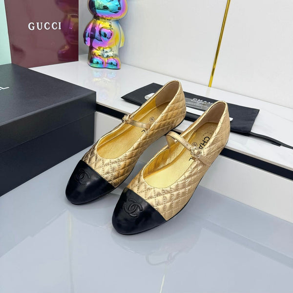 CC 25 Mary Jane Gold Metallic Quilted Black Lambskin 368133