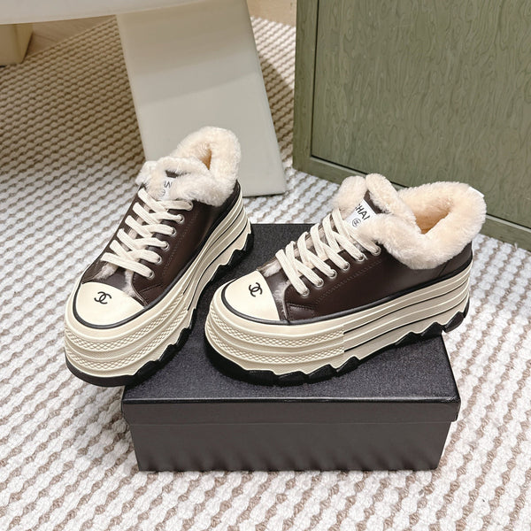 Chanel 26s Thick-Sole Sneakers 60mm In Dark Brown And Beige Calfskin With Fur Lining