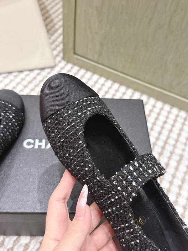 CC 25s Mary Jane Flat In Black Tweed With Cap Toe Gold Hardware