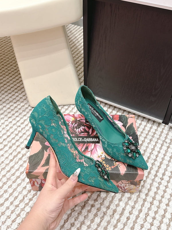 DG Pumps Crystals 6.5cm Teal Green Taormina Lace 663078