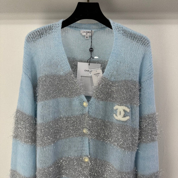CC 26C Knit Long-Sleeve Cardigan Blue Grey Stripes Wool Acrylic Nylon 349042