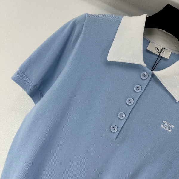 Celine Short-sleeved Polo Shirt Blue Cashmere Wool 349071