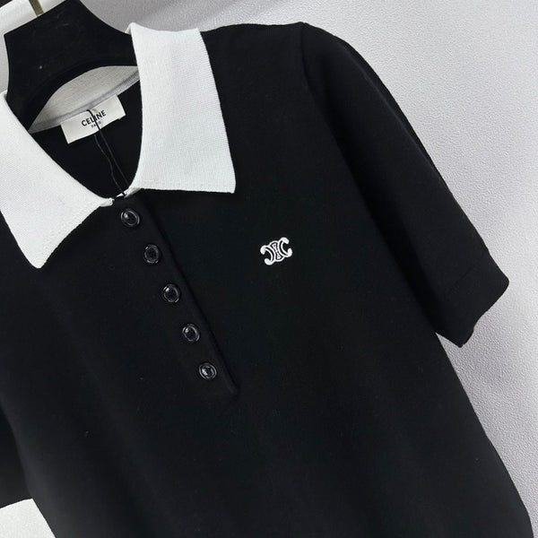 Celine Short-sleeved Polo Shirt Black Cashmere Wool 349073