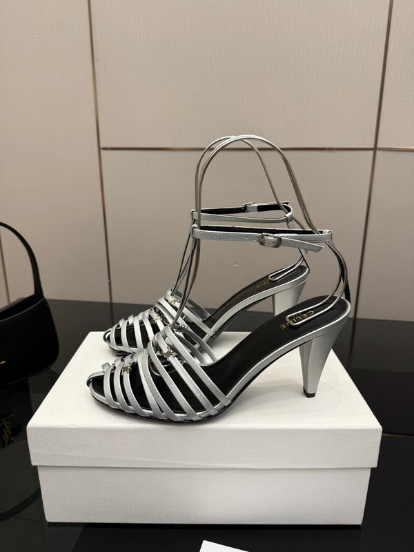 CL Cage Heeled Sandal 9cm Sliver Calfskin 725651