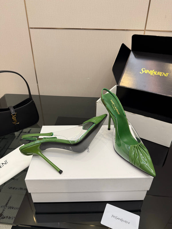 YSL Chica Slingback 10.5cm Green Leather 828240