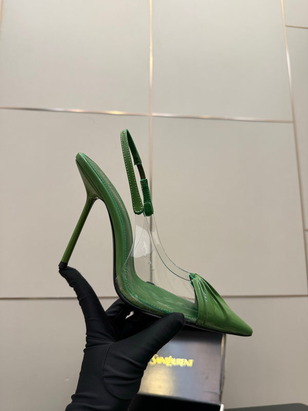 YSL Chica Slingback 10.5cm Green Leather 828240