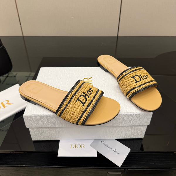 CD Dioriviera Woven Slides Beige Fabric Goatskin 828264